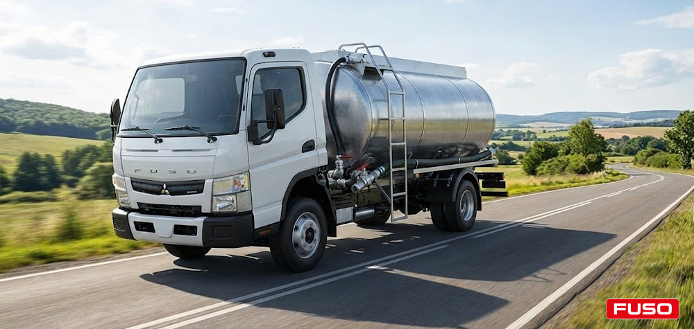 Camión cisterna Fuso circulando por una carretera rural, representando la operatividad y rentabilidad del vehiculo de carga en diferentes rutas